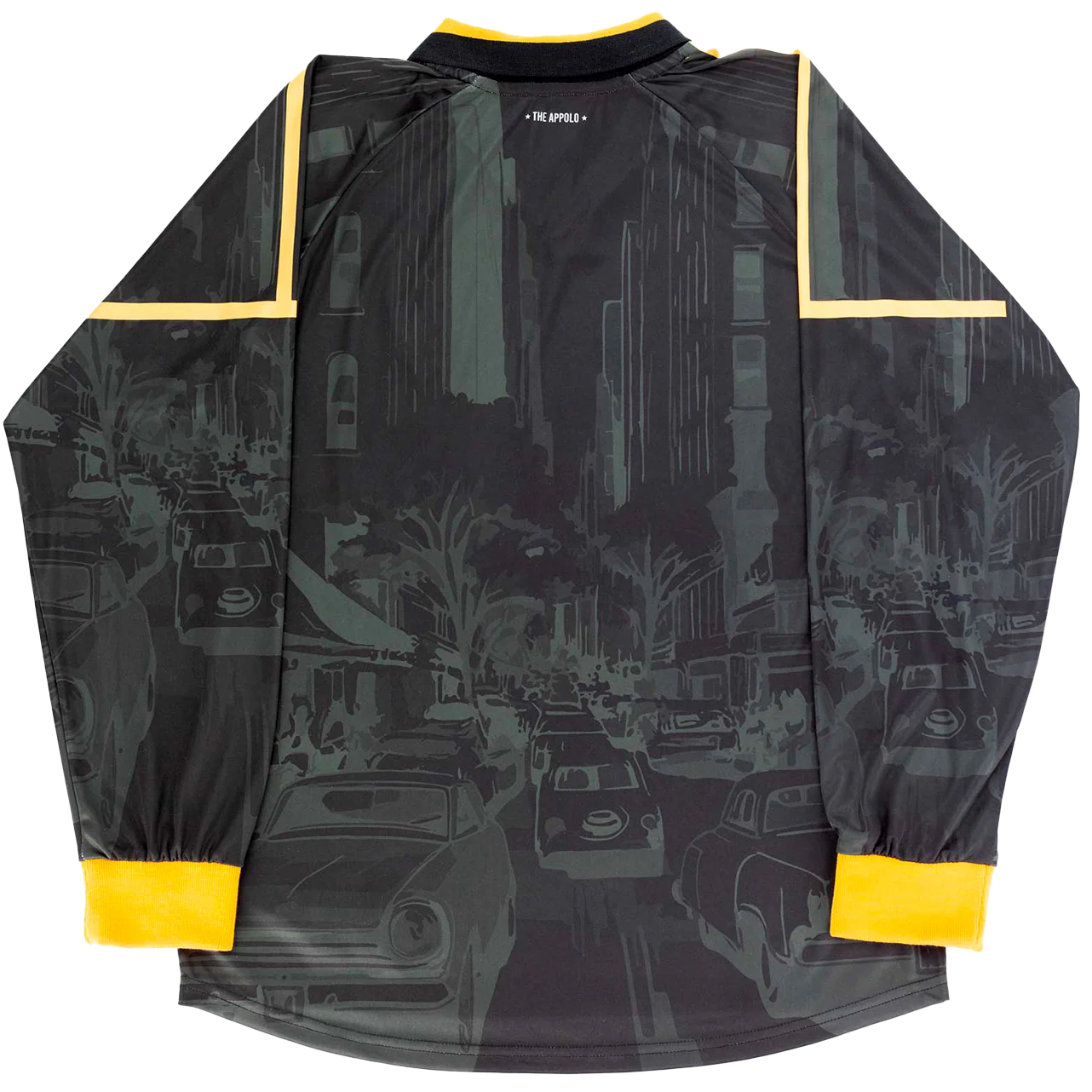 Black jacket with cityscape design and yellow accents on a white background