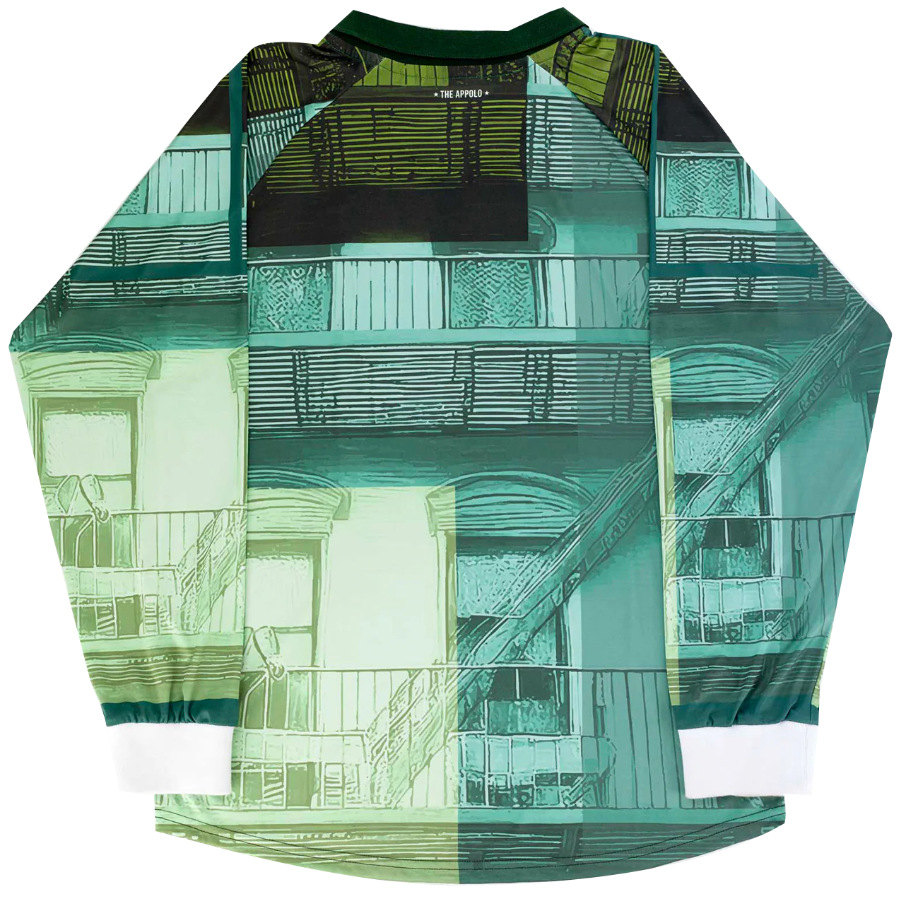 Soccer jersey shirt with architectural design pattern representing Harlem.