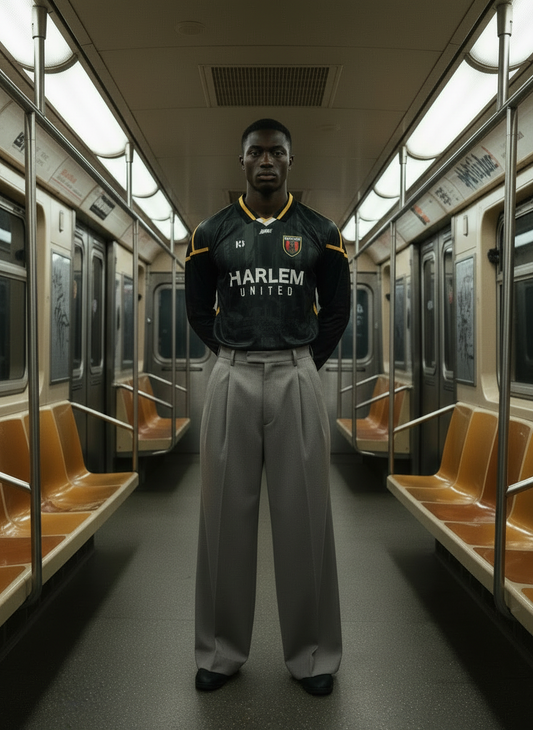 Model wearing a black jersey with Harlem United written on it and featuring the brand DAÖMEY