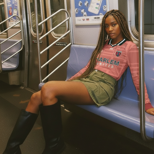 Woman sitting on a subway train wearing a pink Harlem United Jersey from Daömey brand