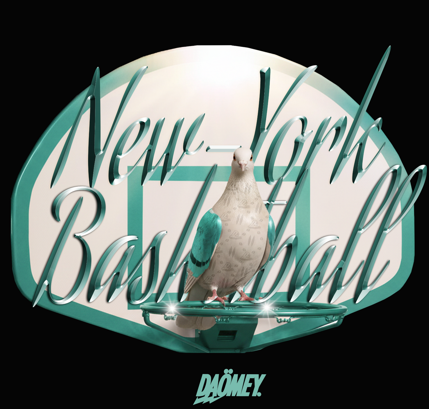 New-York Liberty merch artwork featuring a pigeon on a basketball hoop and the brand DAÖMEY