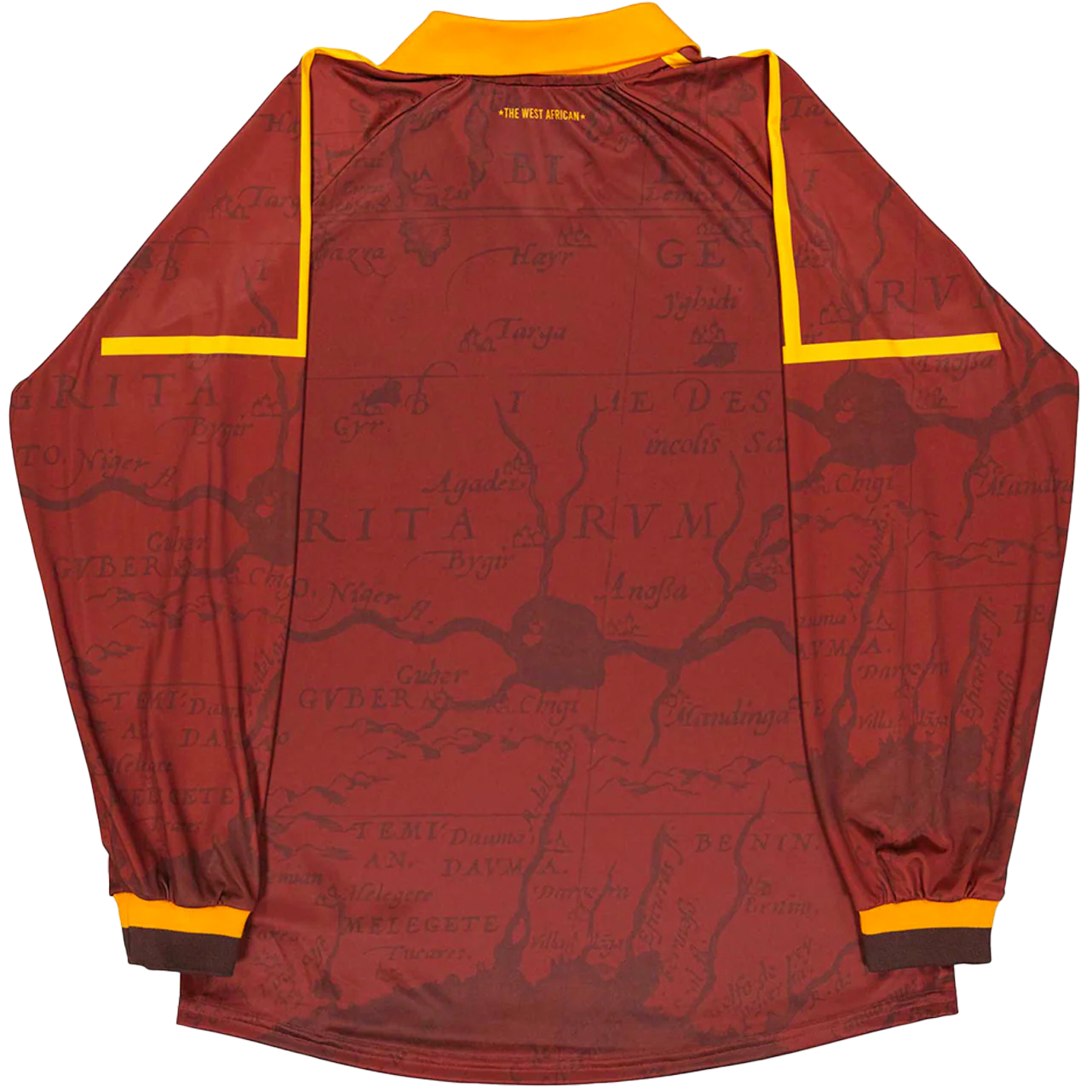 Maroon jacket with yellow accents and map design on a white background