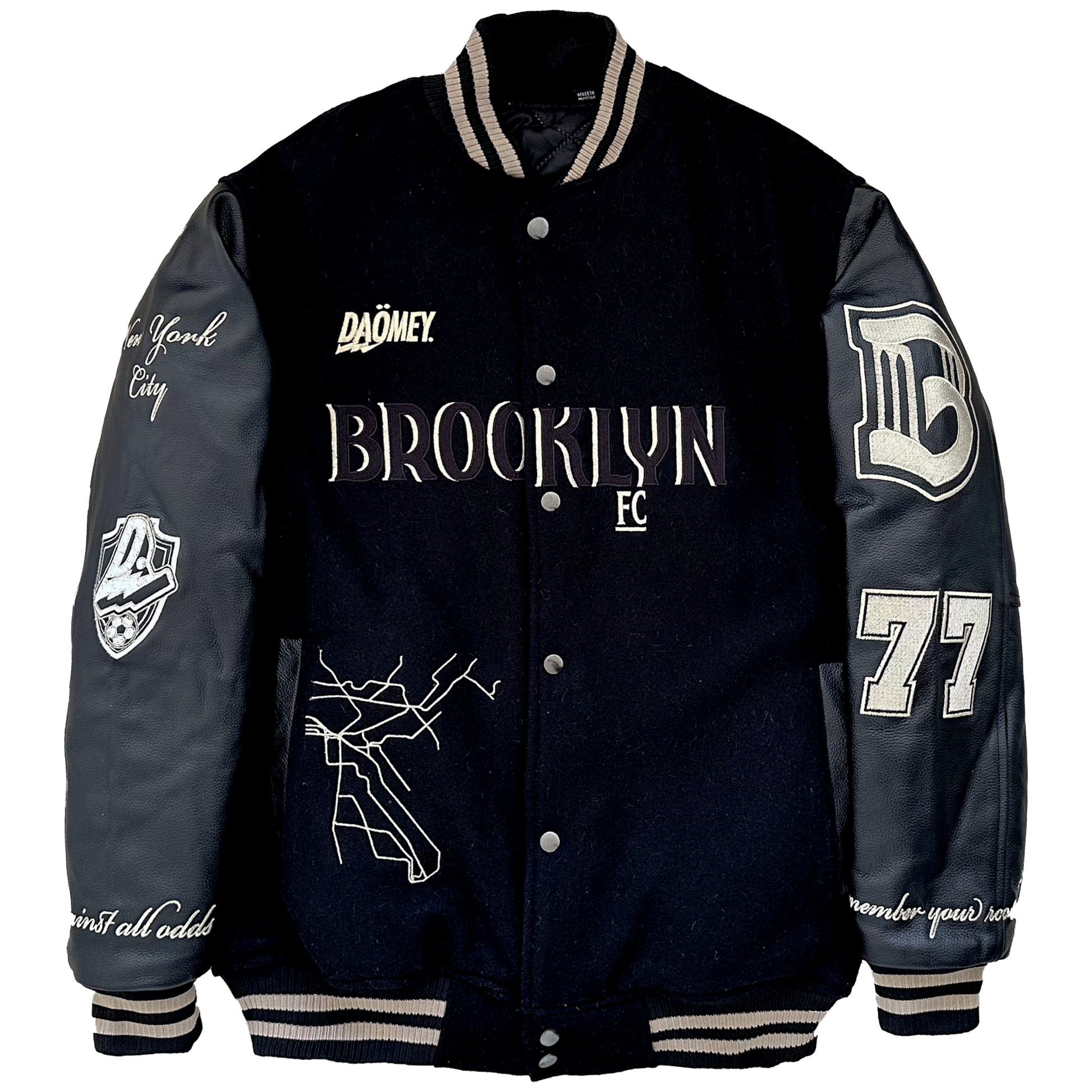Black letterman jacket with various text and logos on a white background