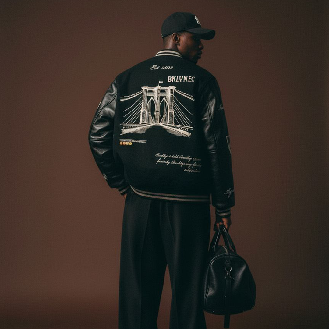 Person wearing a black jacket with a bridge design and text, holding a black bag against a brown background