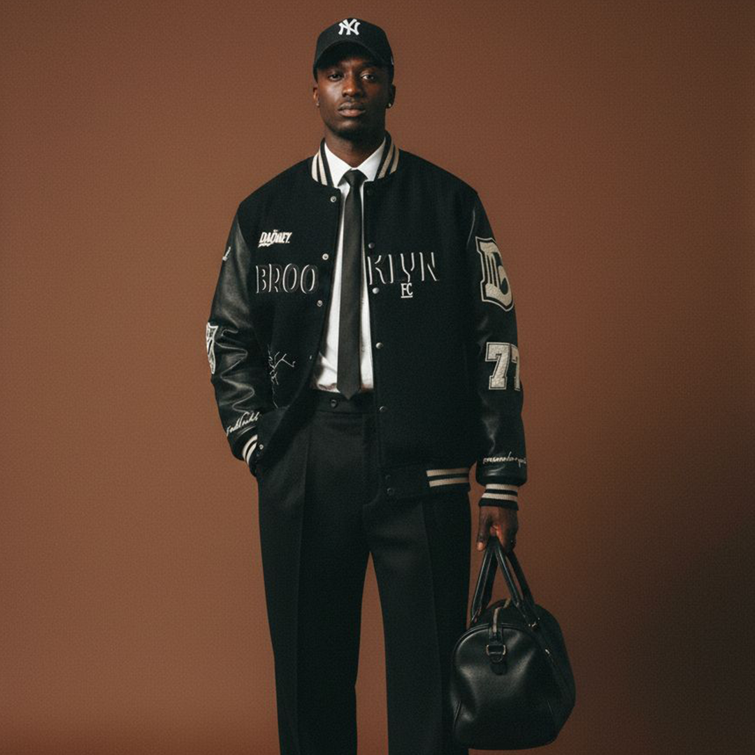 Man wearing a black letterman jacket with 'Brooklyn FC' and '77' on a brown background